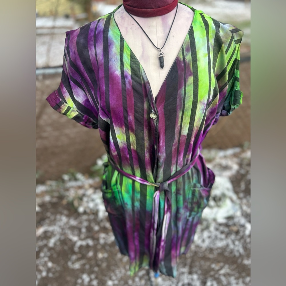 Purple green hand dyed striped button dress